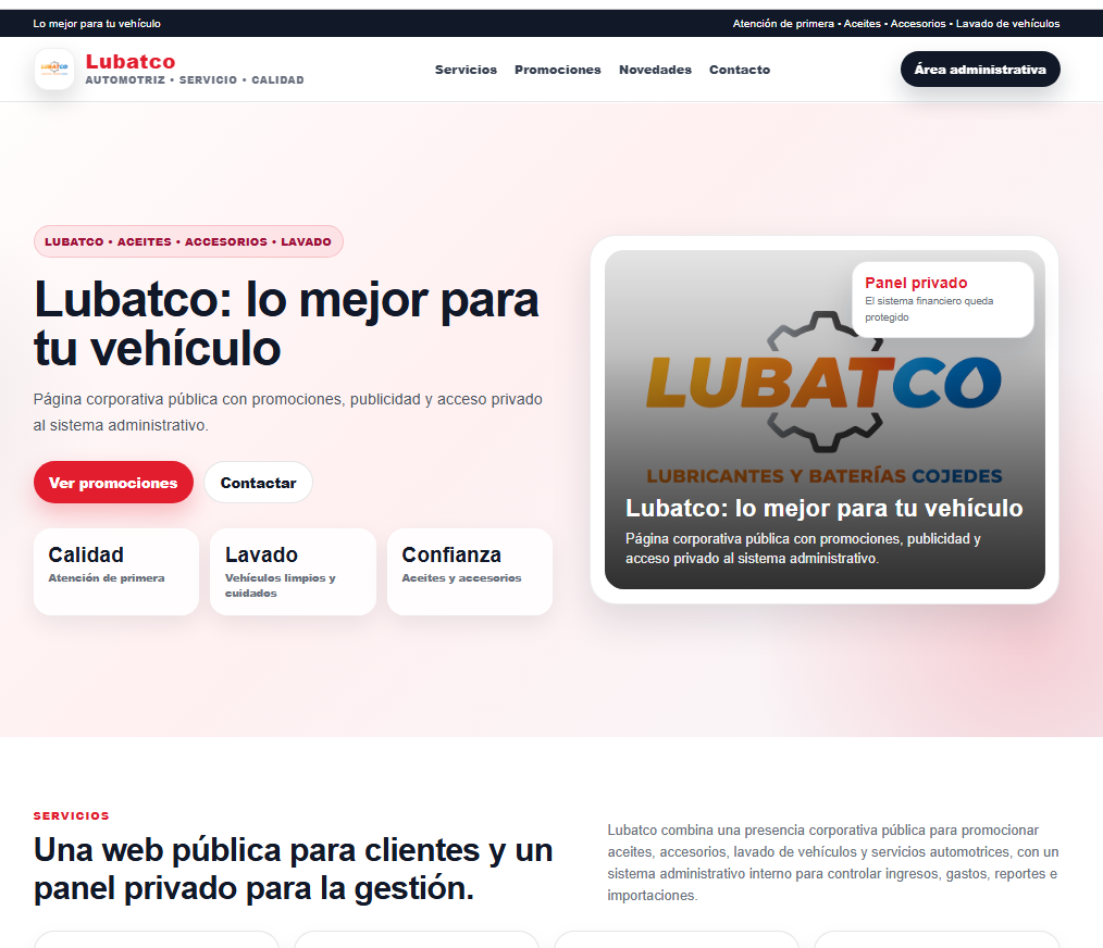 Lubatco – Plataforma web corporativa con panel administrativo financiero