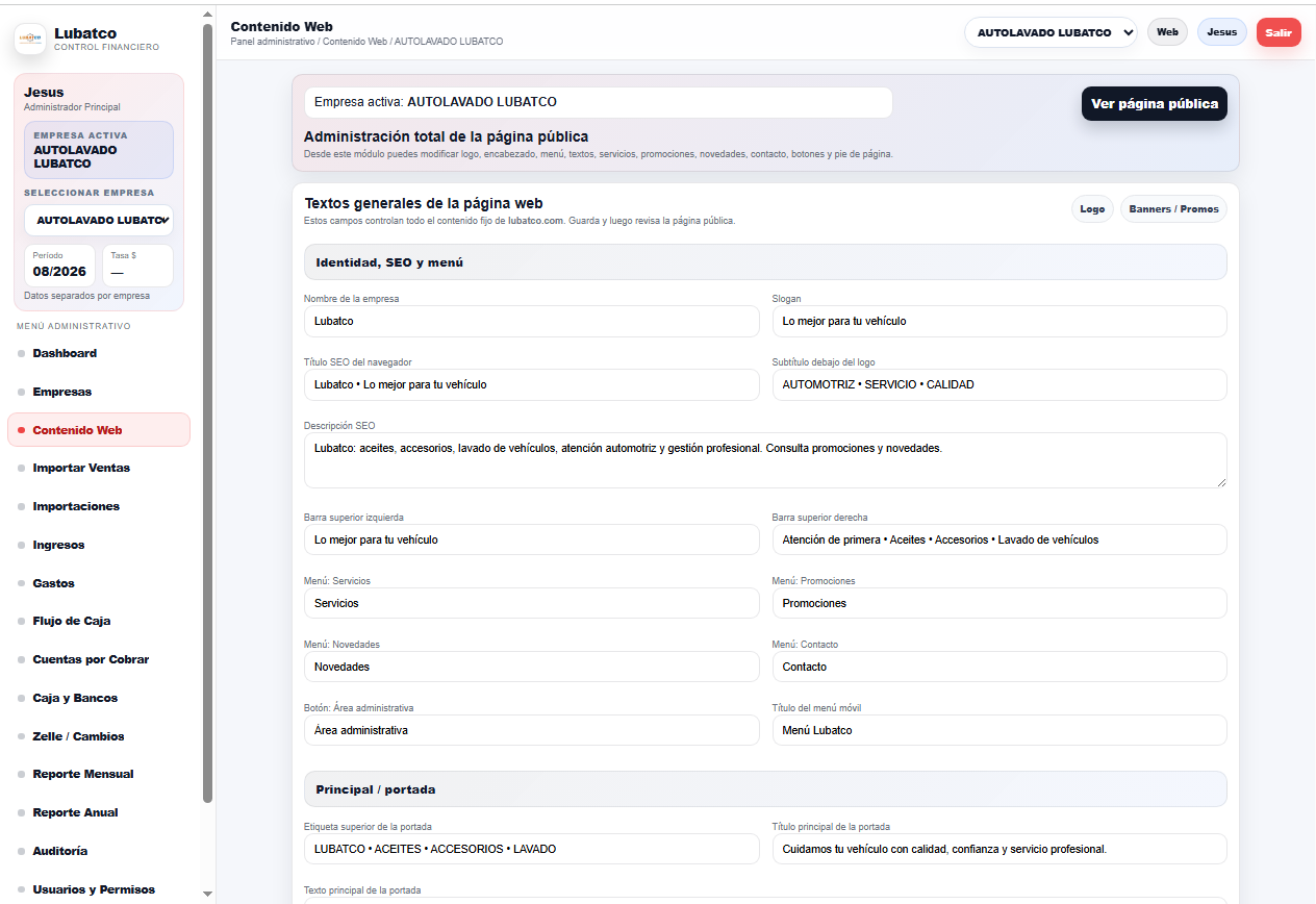Lubatco – Plataforma web corporativa con panel administrativo financiero